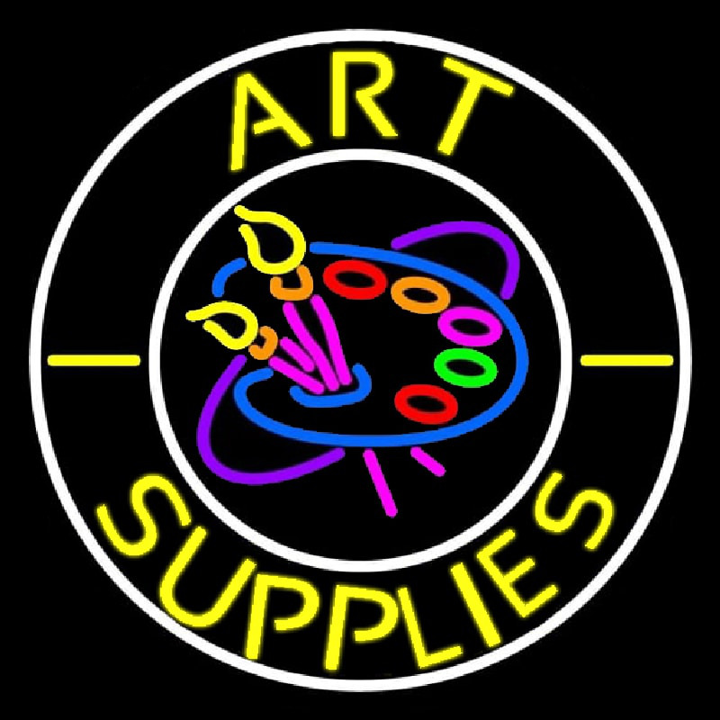 Art Supplies With White Circle Neon Skilt