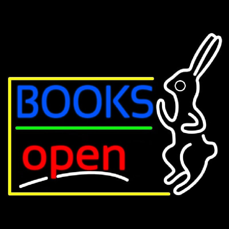 Blue Books With Rabbit Logo Open Neon Skilt