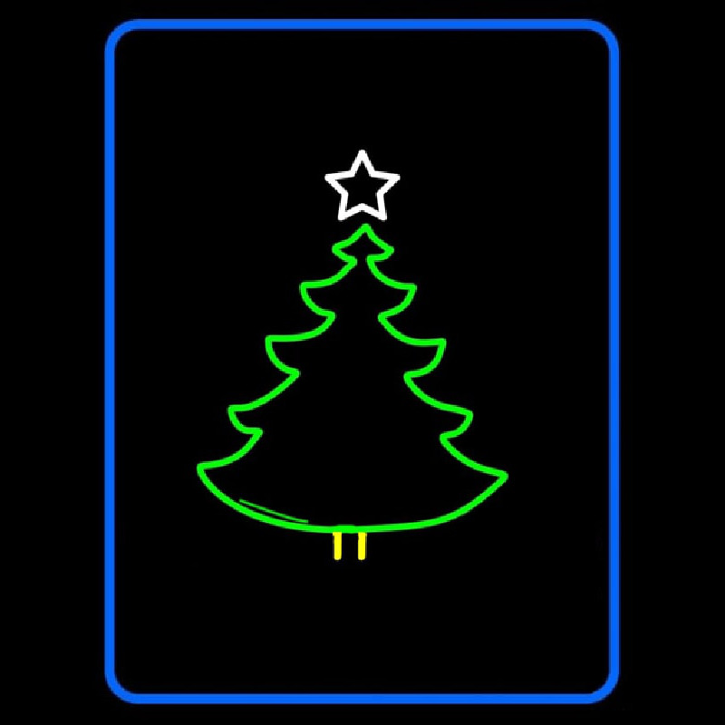 Blue Border Green Christmas Tree Logo Neon Skilt