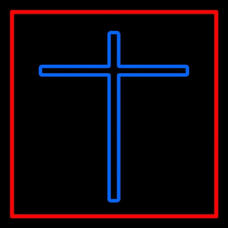 Blue Christian Cross Red Border Neon Skilt