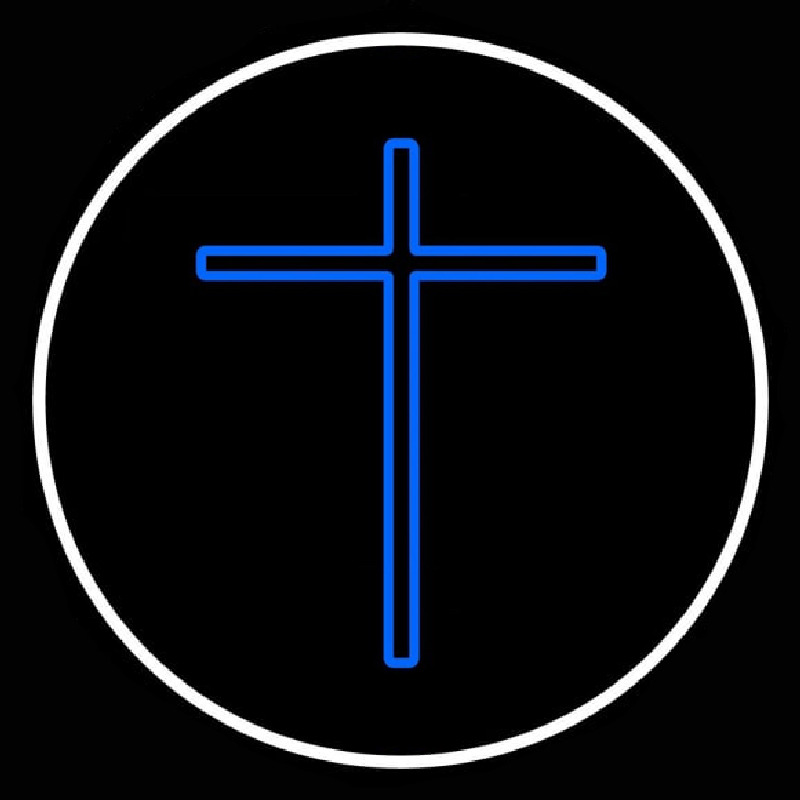 Blue Christian Cross White Border Neon Skilt