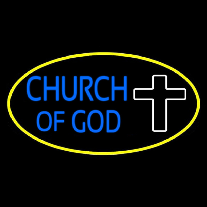 Blue Church Of God Yellow Border Neon Skilt