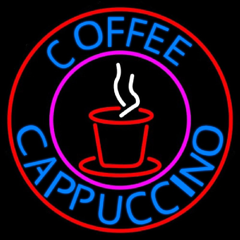 Blue Coffee Cappuccino With Red Circle Neon Skilt