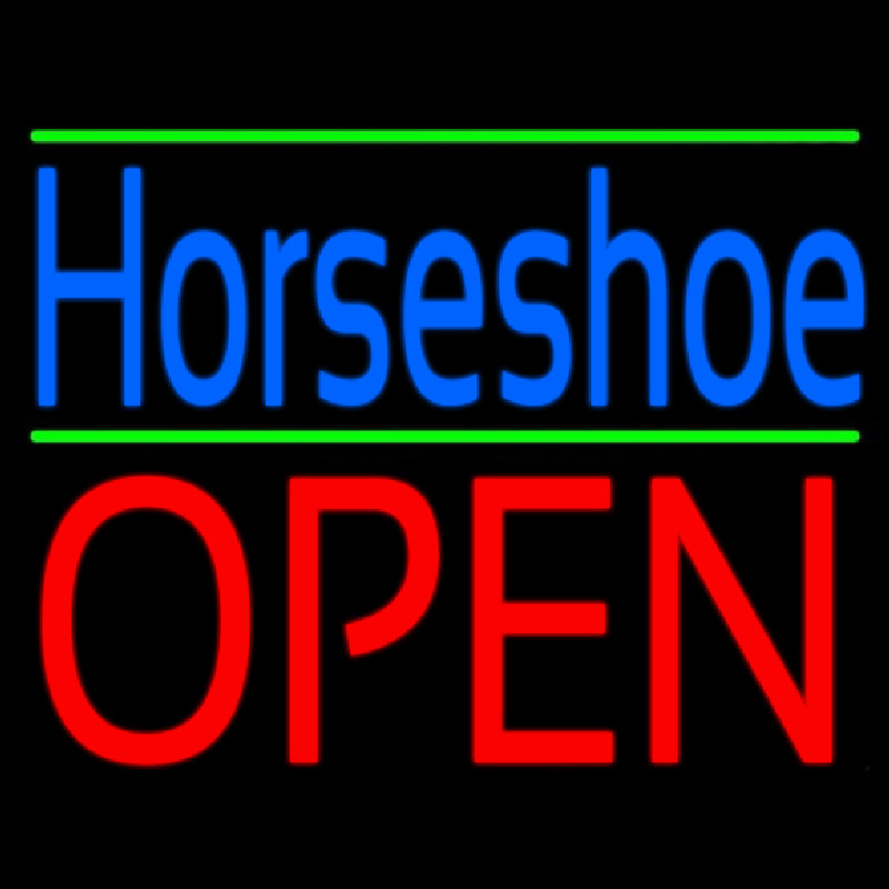 Blue Horseshoe Open Green Line Neon Skilt