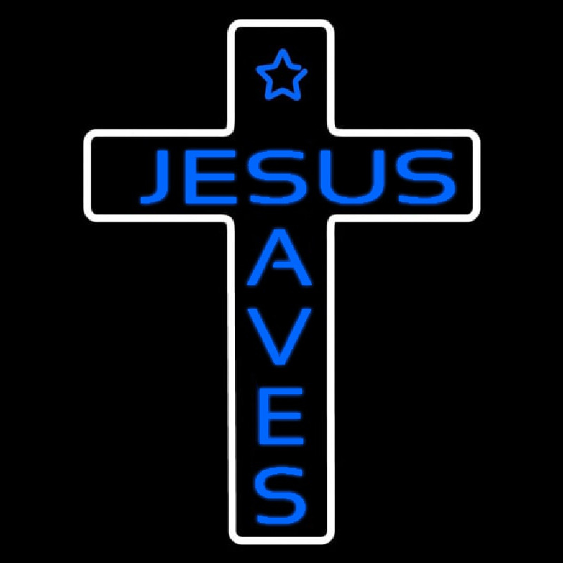 Blue Jesus Saves White Cross With Border Neon Skilt