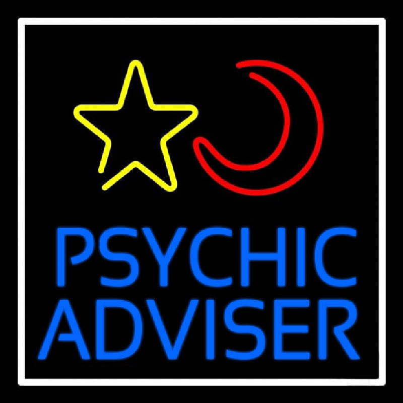 Blue Psychic Advisor With Logo White Border Neon Skilt