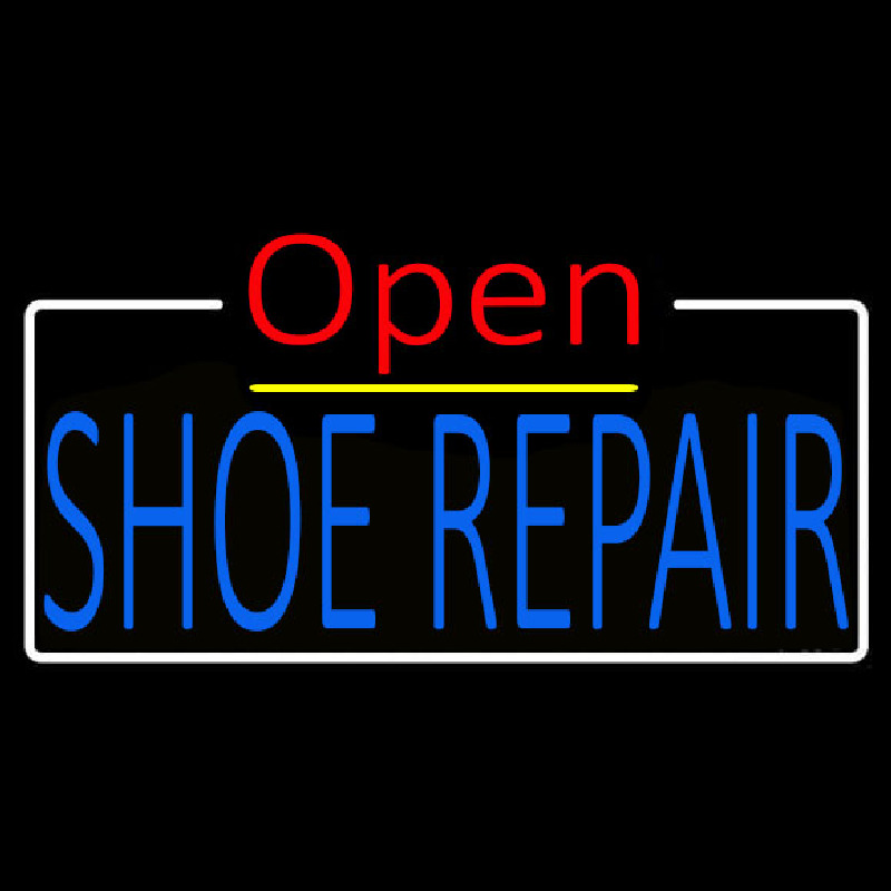 Blue Shoe Repair Open White Border Neon Skilt