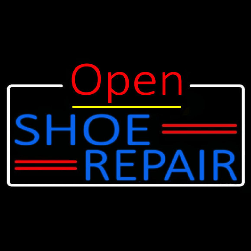 Blue Shoe Repair Open With Border Neon Skilt