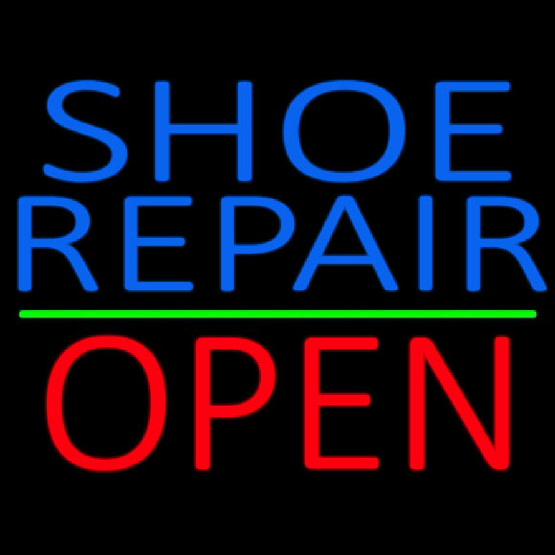 Blue Shoe Repair Open With Green Line Neon Skilt