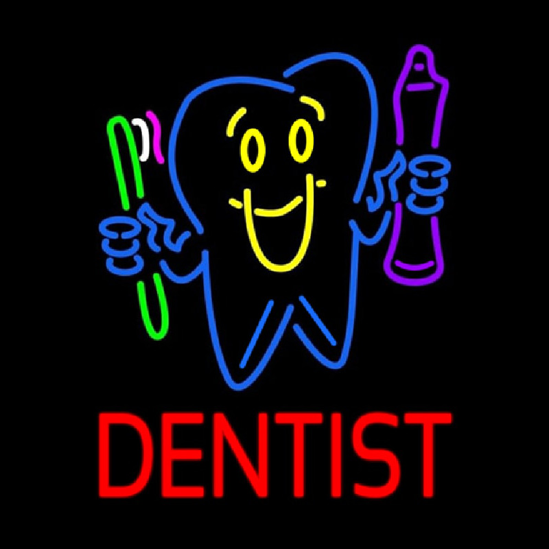 Dentist Tooth Logo With Brush And Paste Neon Skilt