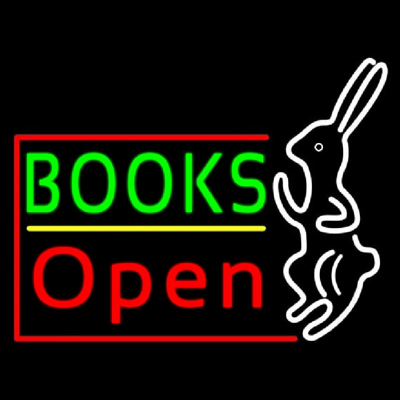 Green Books With Rabbit Logo Open Neon Skilt