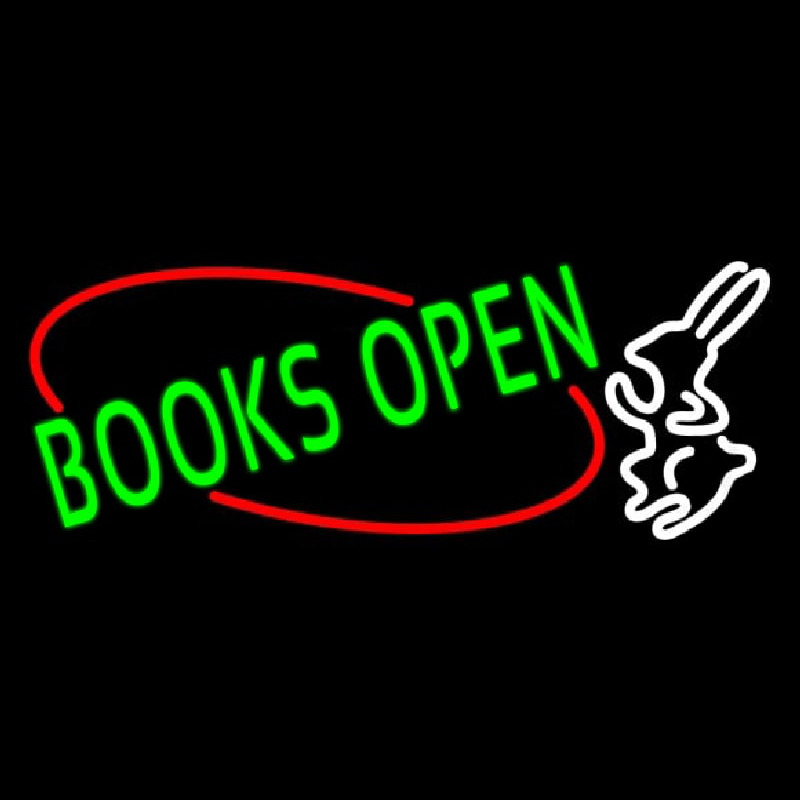 Green Books With Rabbit Logo Open Neon Skilt