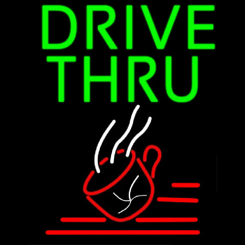 Green Drive Thru With Coffee Glass Neon Skilt