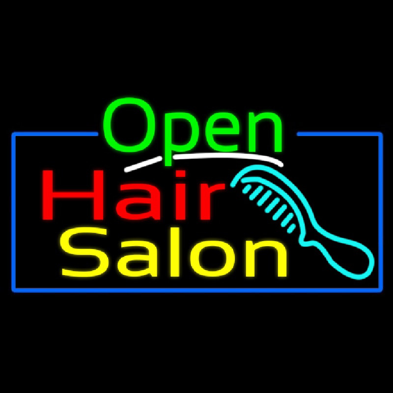 Green Open Hair Salon With Blue Border Neon Skilt