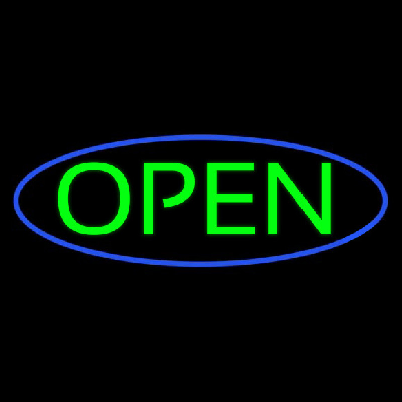 Green Open With Blue Oval Border Neon Skilt