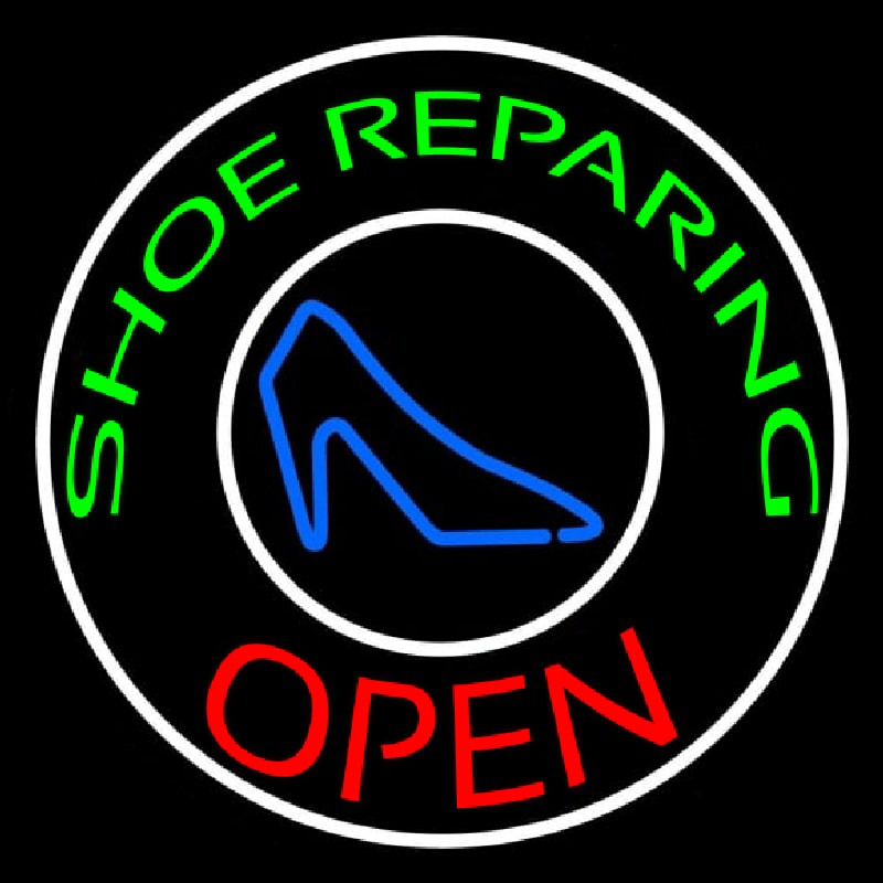 Green Shoe Repairing Open With Border Neon Skilt