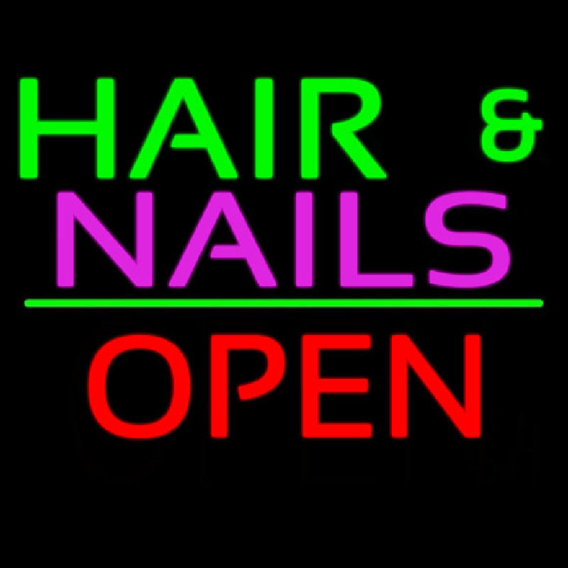 Hair And Nails Block Open Green Line Neon Skilt