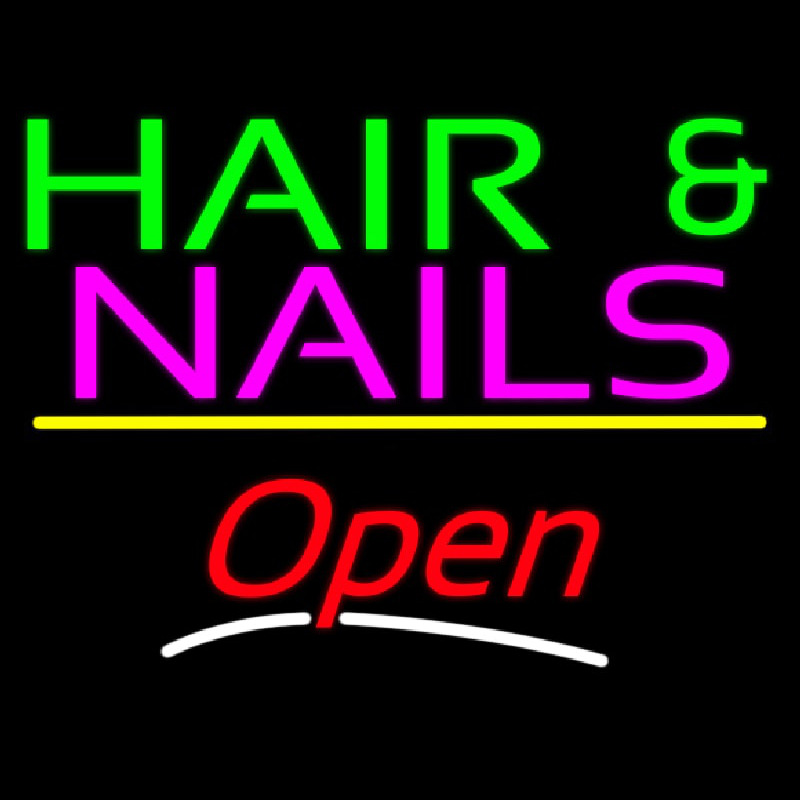 Hair And Nails Open Yellow Line Neon Skilt