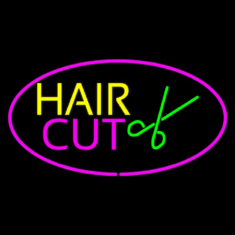 Hair Cut Logo Oval Pink Neon Skilt