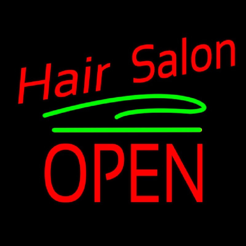 Hair Salon Block Open Green Line Neon Skilt