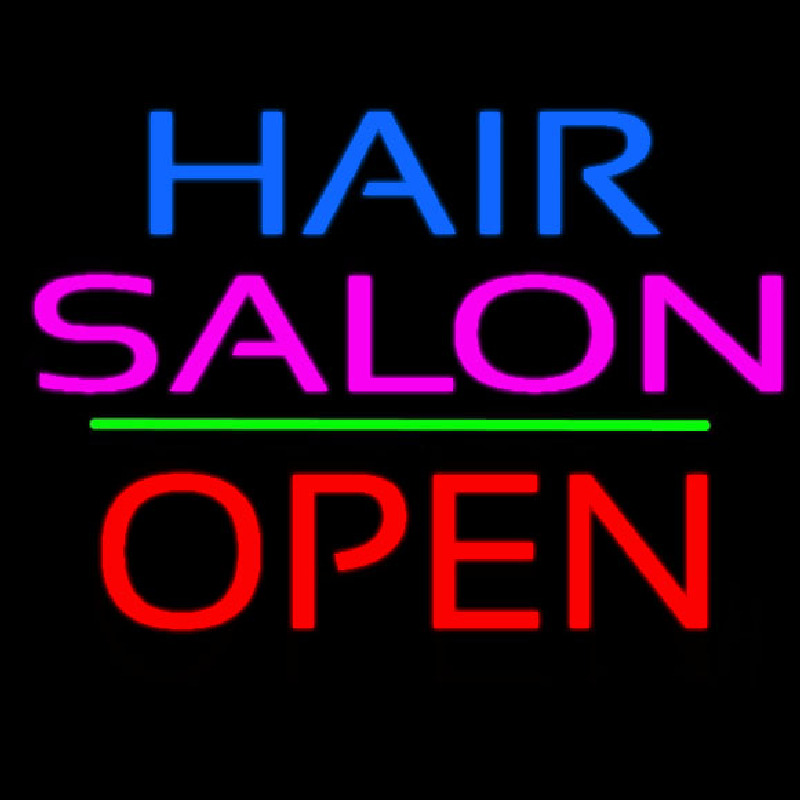 Hair Salon Block Open Green Line Neon Skilt