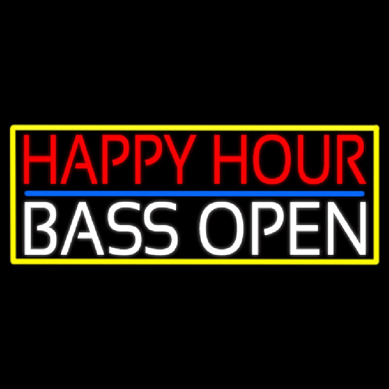 Happy Hour Bass Open With Yellow Border Neon Skilt