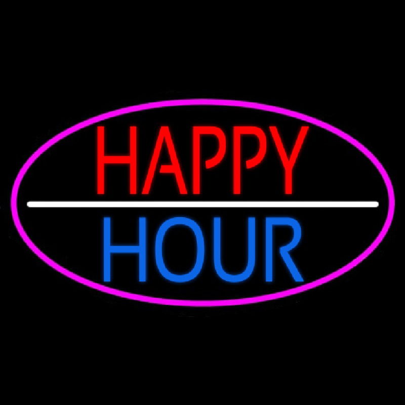 Happy Hour Oval With Pink Border Neon Skilt