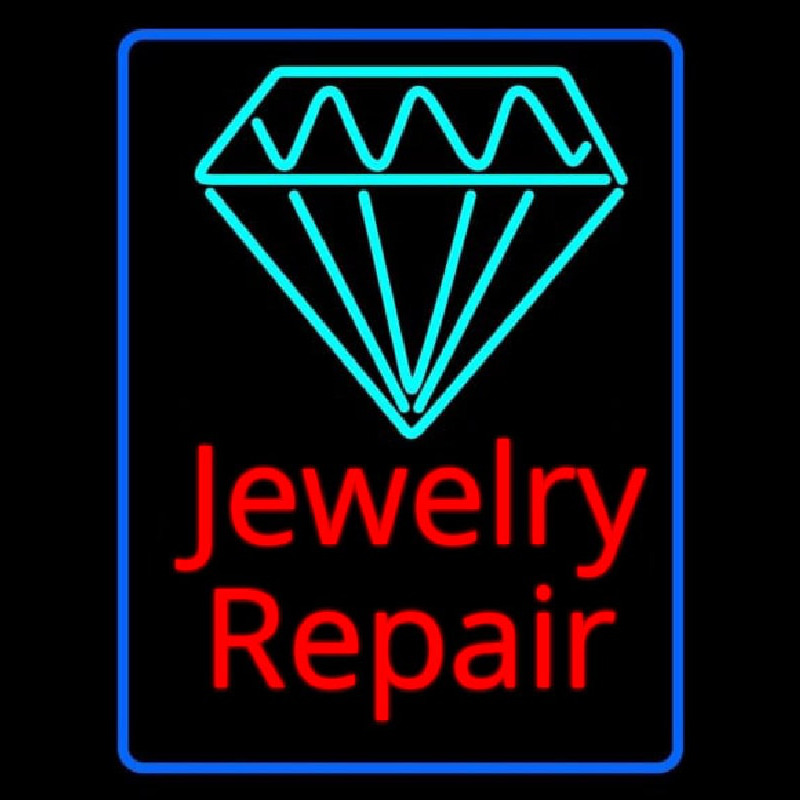 Jewelry Repair Cursive Blue Border Neon Skilt