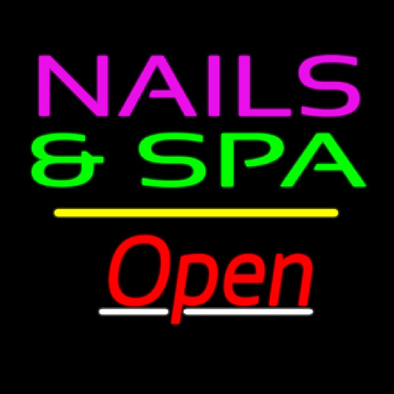 Nails And Spa Open Yellow Line Neon Skilt