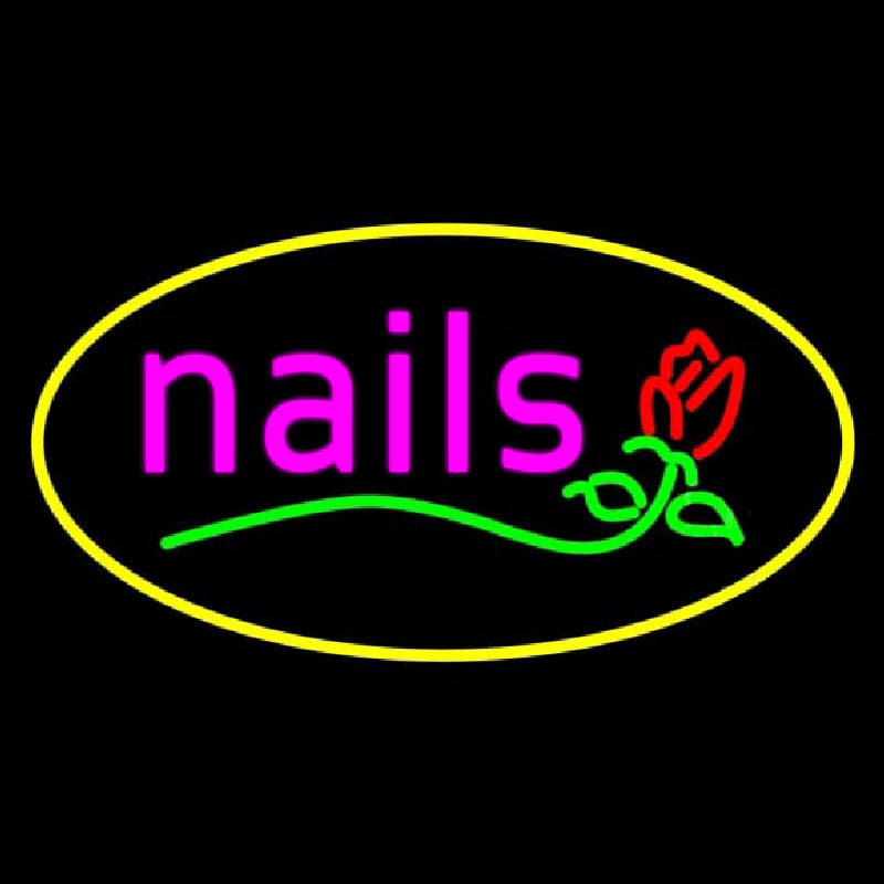 Nails With Flower Logo Oval Yellow Neon Skilt