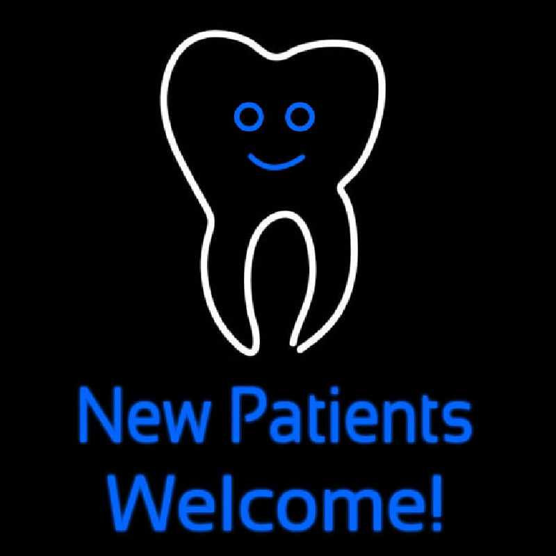 New Patients With Tooth Logo Neon Skilt