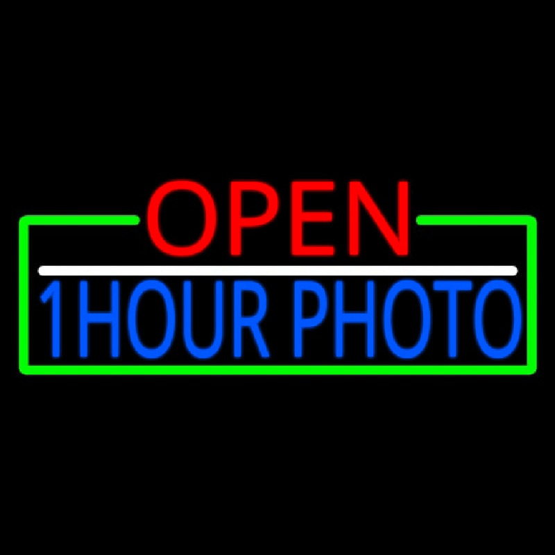 Open 1 Hour Photo With Green Border Neon Skilt