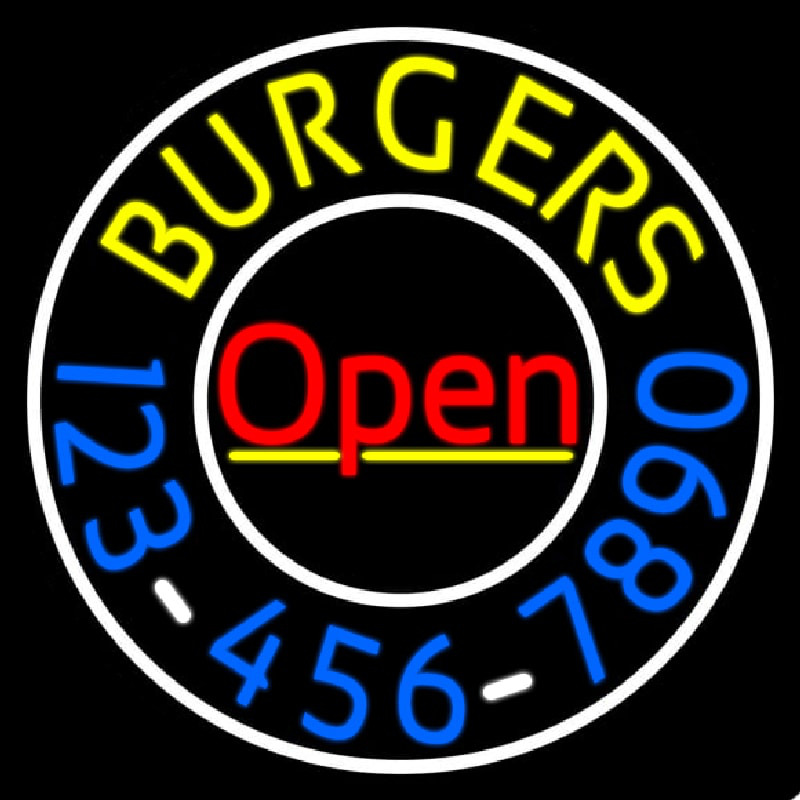 Open Burgers With Numbers Circle Neon Skilt