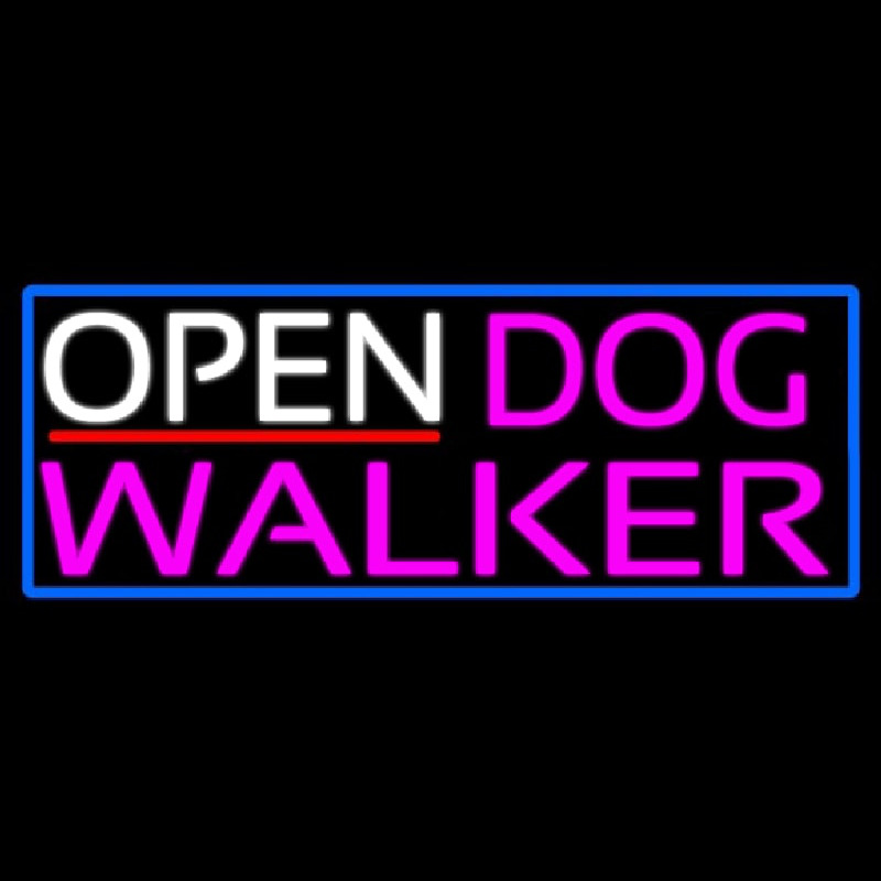 Open Dog Walker With Blue Border Neon Skilt