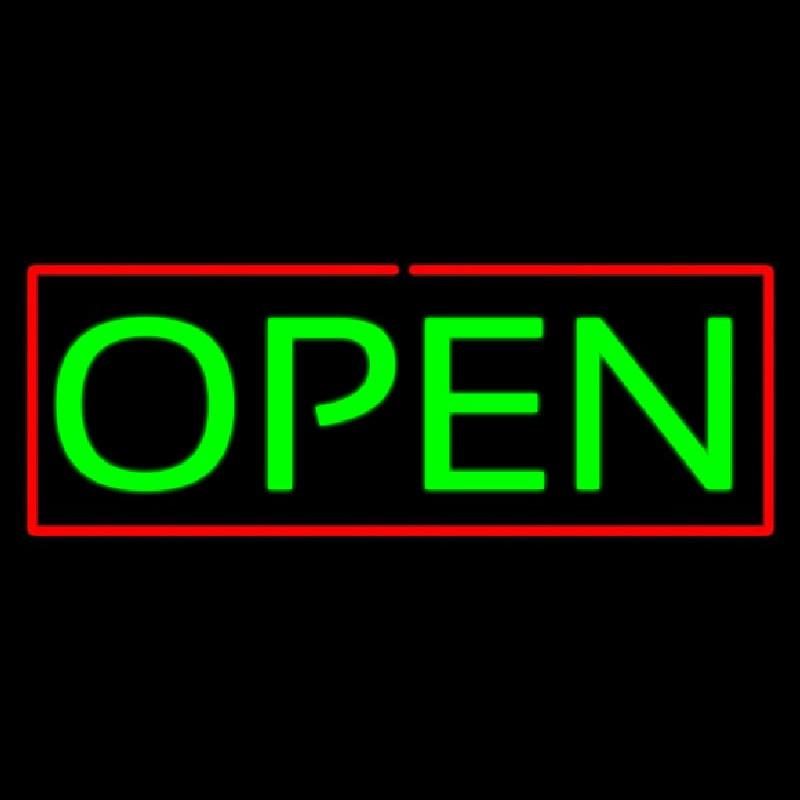 Open Horizontal Green Letters With Red Border Neon Skilt