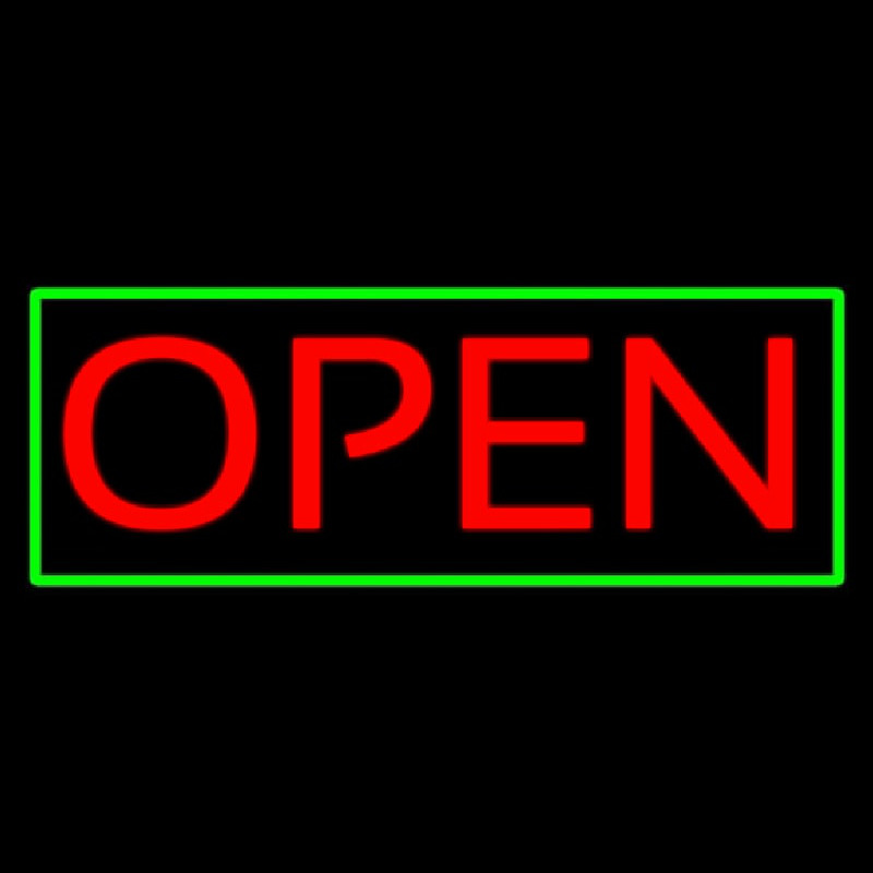 Open Horizontal Red Letters With Green Border Neon Skilt