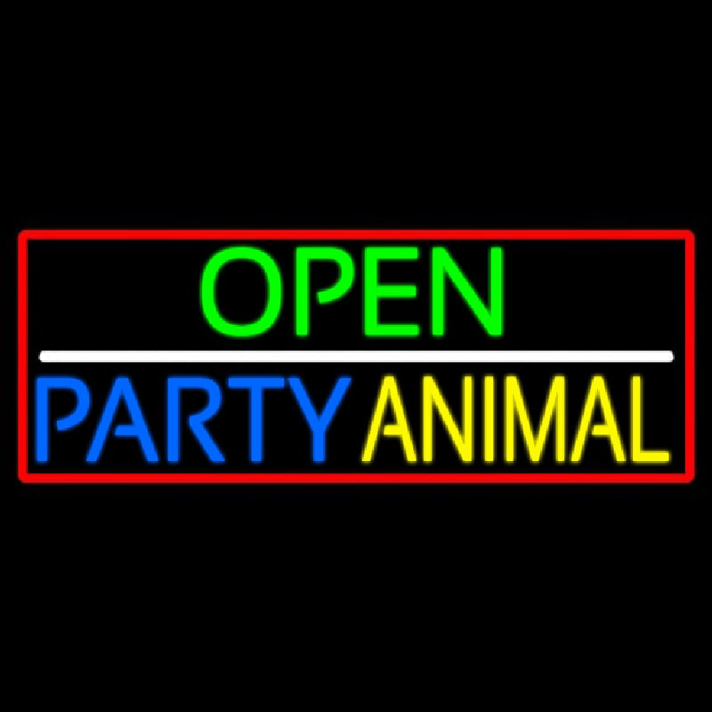 Open Party Animal With Red Border Neon Skilt