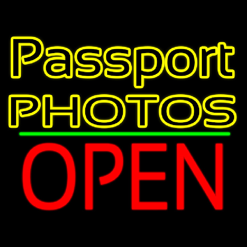 Passport Photos Block With Open 1 Neon Skilt