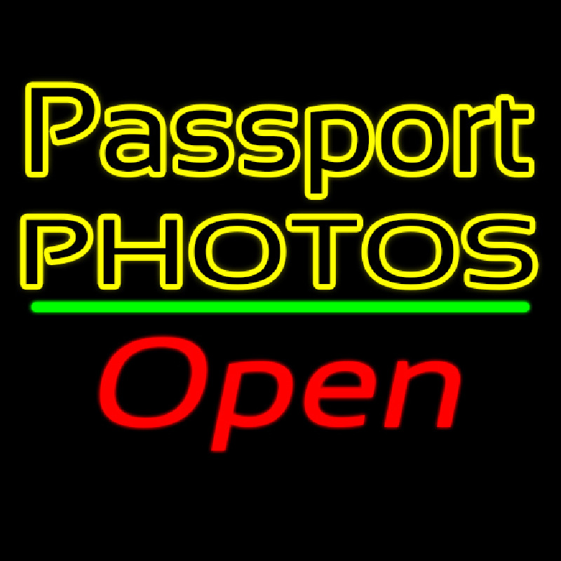 Passport Photos Block With Open 2 Neon Skilt