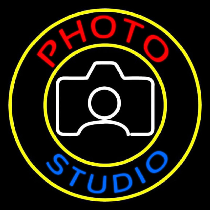 Photo Studio With Camera Logo Circle Neon Skilt