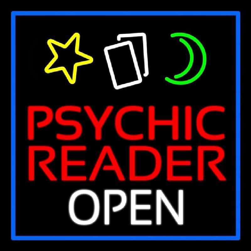 Psychic Reader Open Block Blue Border Neon Skilt