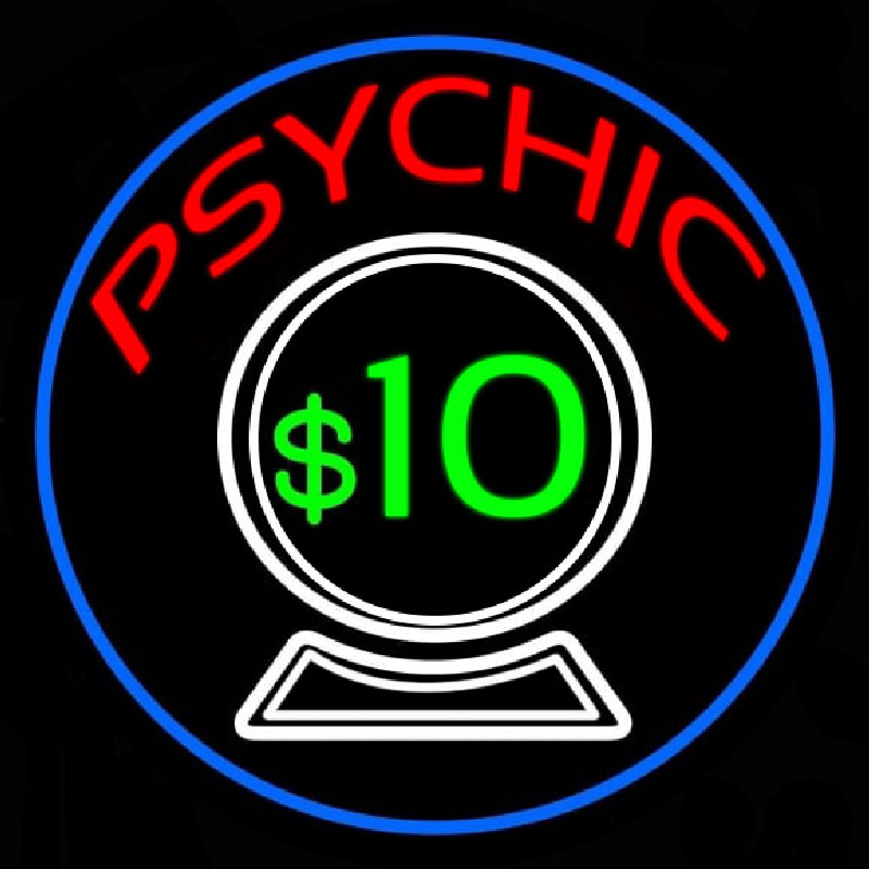 Psychic With Crystal Globe Blue Border Neon Skilt