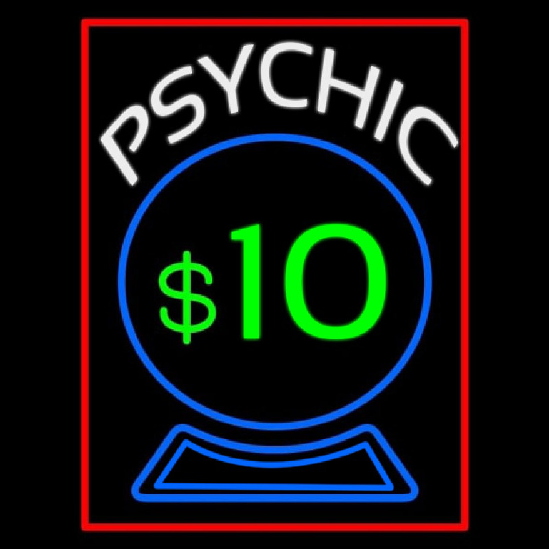 Psychic With Crystal Globe Red Border Neon Skilt