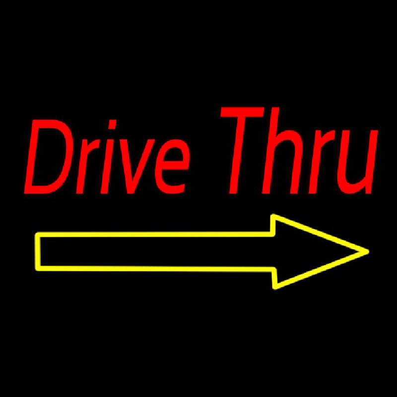 Red Double Stroke Drive Thru With Yellow Arrow Neon Skilt