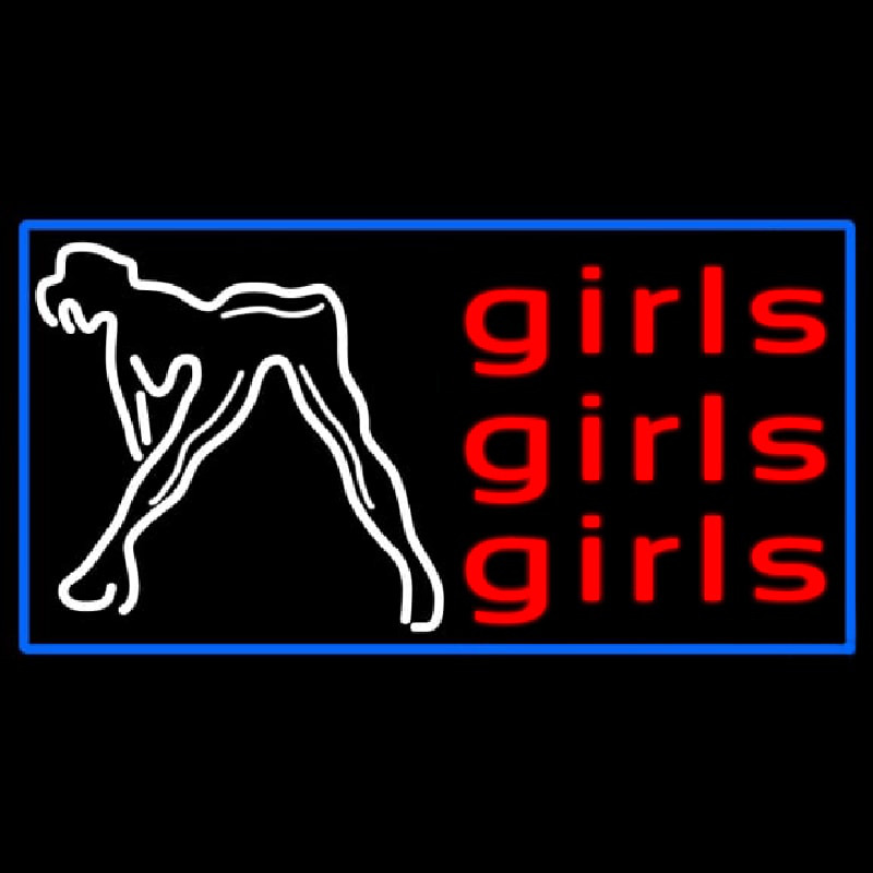 Red Girls Girls Girls Strip Club With Blue Border Neon Skilt