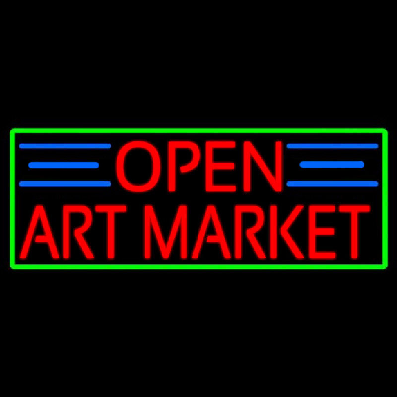 Red Open Art Market With Green Border Neon Skilt