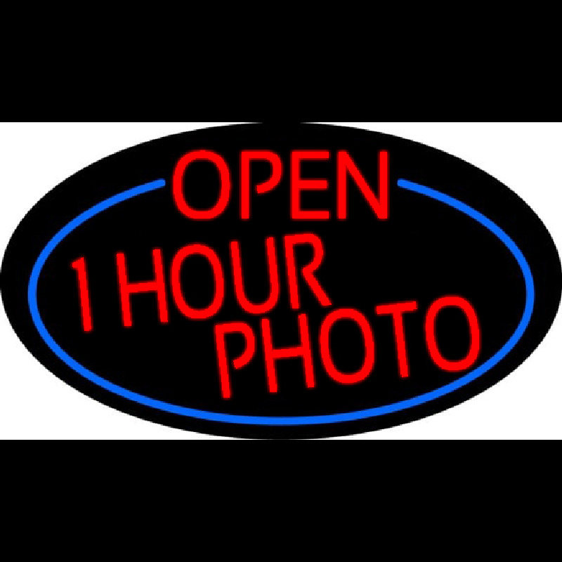 Red Open One Hour Photo Oval With Blue Border Neon Skilt