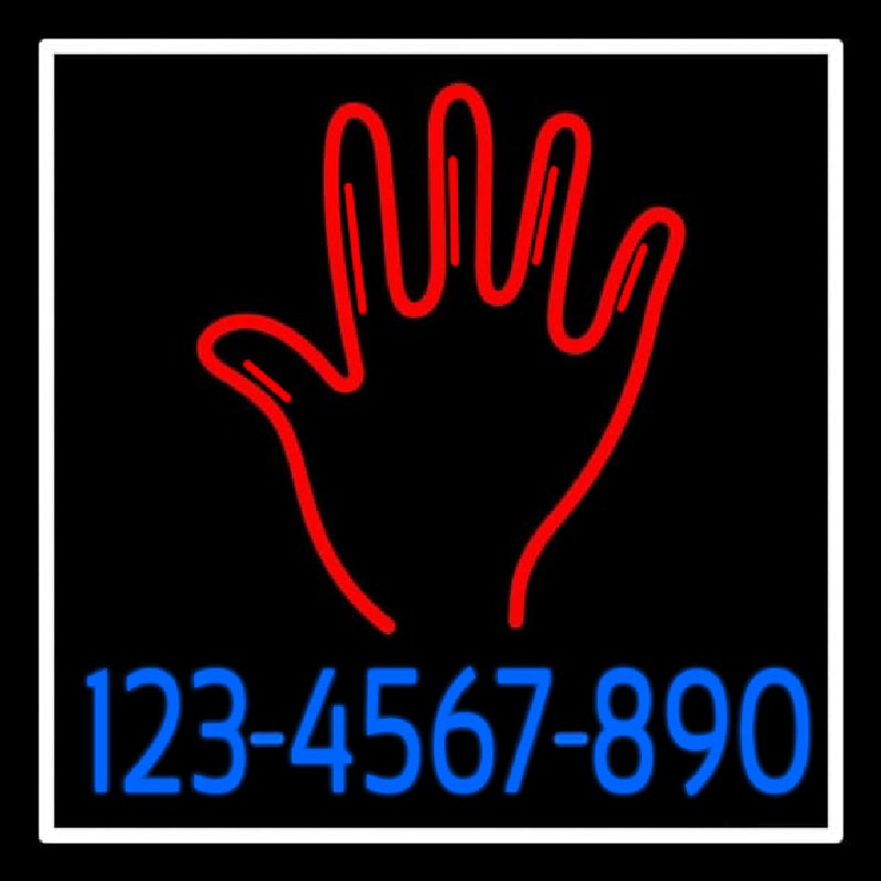 Red Palm Blue Phone Number White Border Neon Skilt