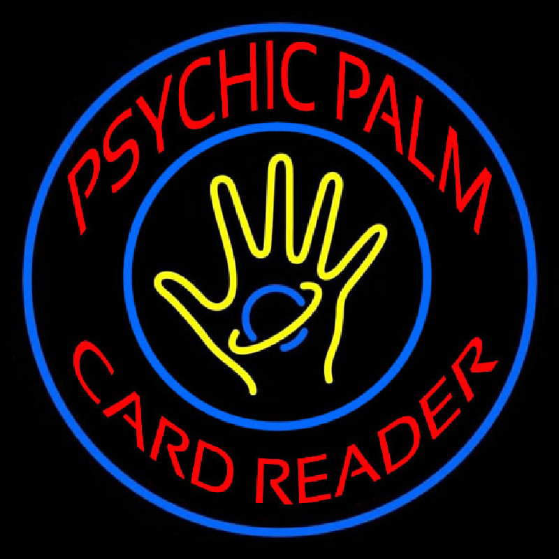 Red Psychic Palm Card Reader Blue Border Neon Skilt