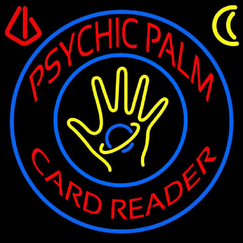 Red Psychic Palm Card Reader Blue Circle Neon Skilt